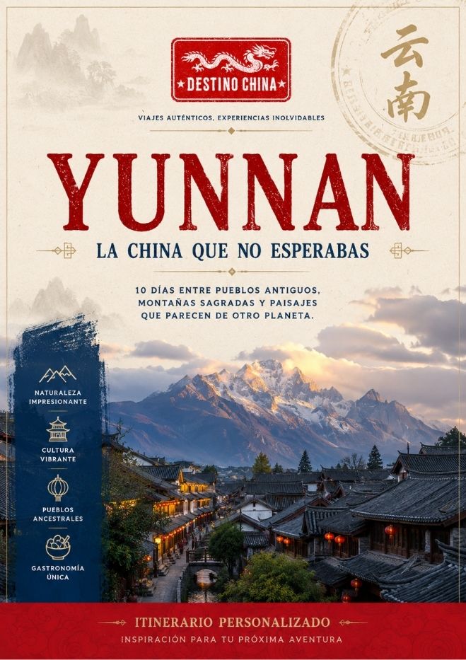 Portada de itinerario turístico de Yunnan, China, mostrando pueblo tradicional con montañas nevadas al fondo y título 'La China que no esperabas' con iconos de experiencias culturales